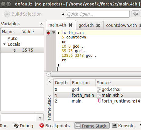 KDevelop used to debug Forth code
